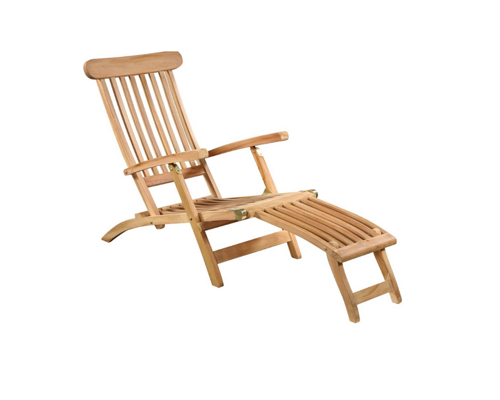 Dovetail Furniture and Design’s teak Titanic steamer chair comes with a matching foot rest. The back of the chair folds in but is not adjustable. dovetailfurnitureonline.com