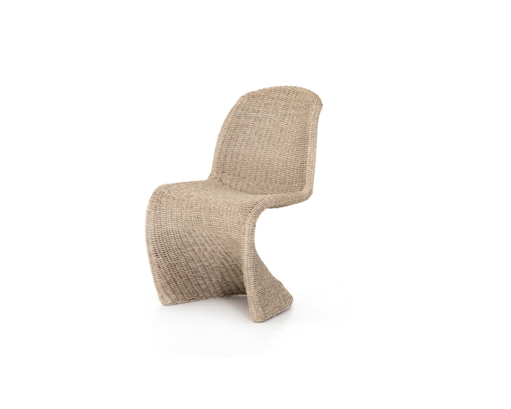 Four Hands’ Portia outdoor dining chair finished in a vintage white, all-weather wicker seating curves into a sultry “S” for shapely intrigue, indoors or out. Cover or store inside during inclement weather and when not in use.
fourhands.com