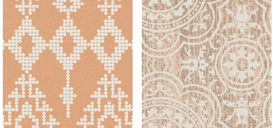 Folklore Sorbet and Constantine Ochre are two patterns in the Tawny Sunset color group in Outdura’s Ovation 4 fabric collection.