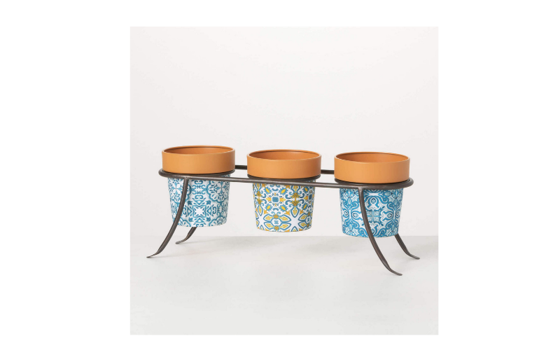This trio of terracotta-style planters is part of Sullivans’ Mediterranean Garden Everyday 2022 release. The pattern on these planters is inspired by Portuguese tiles, and is exclusive to Sullivans. sullivangift.com