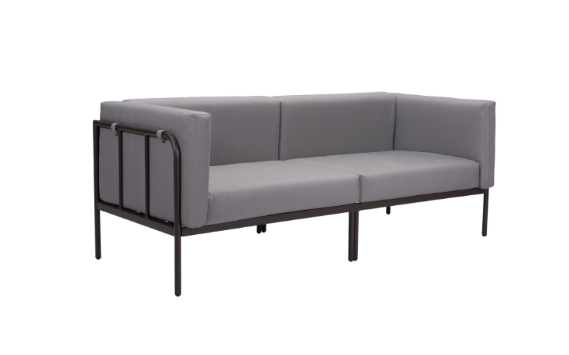 Zuo’s Cancun sofa takes a well-known modern shape and combines it with its olefin fabric and aluminum frame. zuomod.com