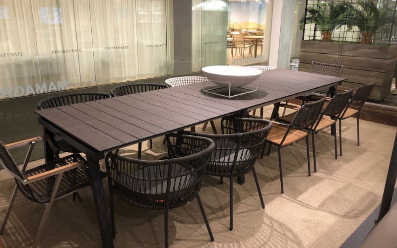 Mamagreen’s award-winning Maximus table will soon be available in teak as well as a new scratch gray tabletop color. The table comfortably sits 14 people and measure 14-feet long. mamagreen.com